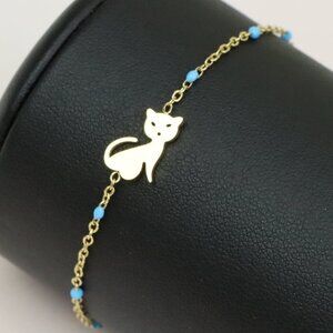 Chic Yellow Gold Cat Bracelet with Blue Beads, XPBL0622